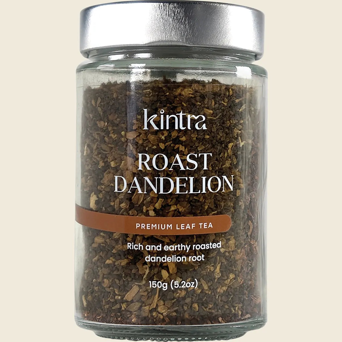 150g jar of Kintra Foods Roasted Dandelion Blend Granular, a caffeine-free coffee alternative with roasted chicory root.