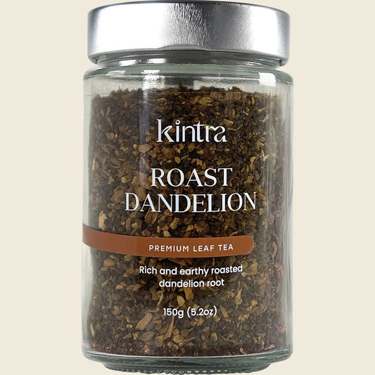 150g jar of Kintra Foods Roasted Dandelion Blend Granular, a caffeine-free coffee alternative with roasted chicory root.