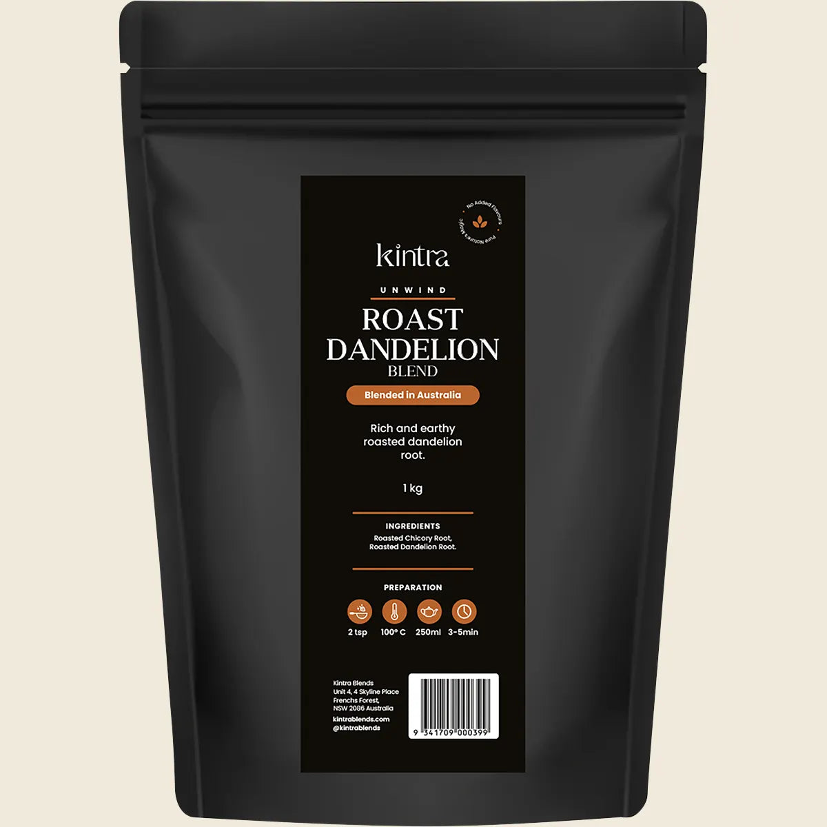 1kg pouch of Kintra Foods Roasted Dandelion Blend Granular, a caffeine-free coffee alternative with chicory root.