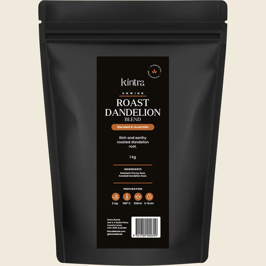 1kg pouch of Kintra Foods Roasted Dandelion Blend Granular, a caffeine-free coffee alternative with chicory root.