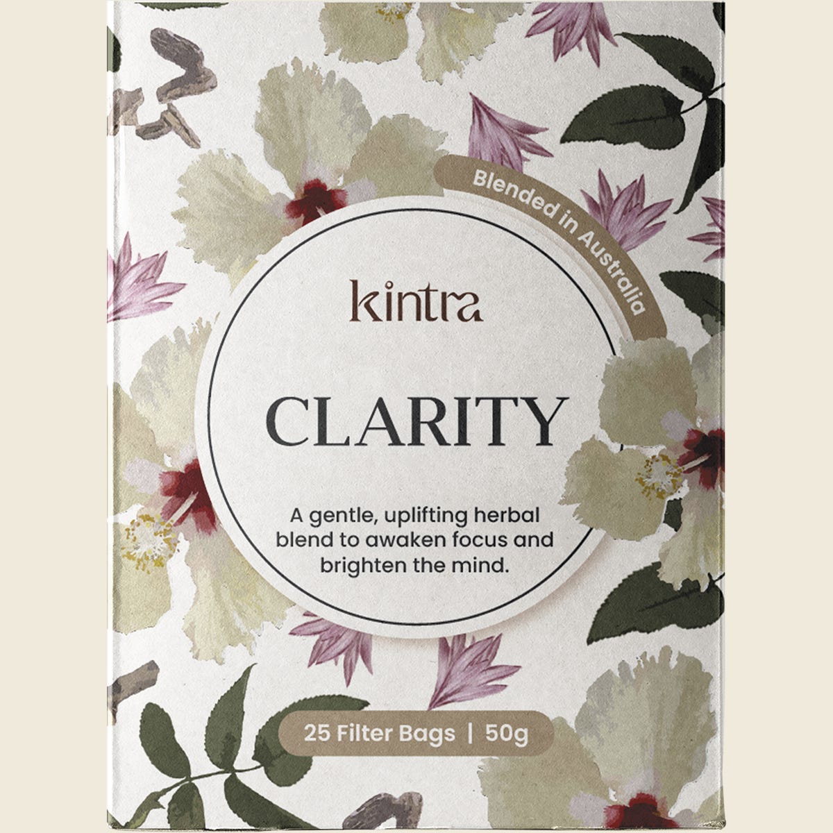 Box of 25 Kintra Blends Clarity herbal tea bags featuring a purple and white label with botanical leaf illustrations.