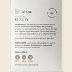 Back of Kintra Blends Clarity tea box showing ingredients and brewing instructions on a purple and white label.