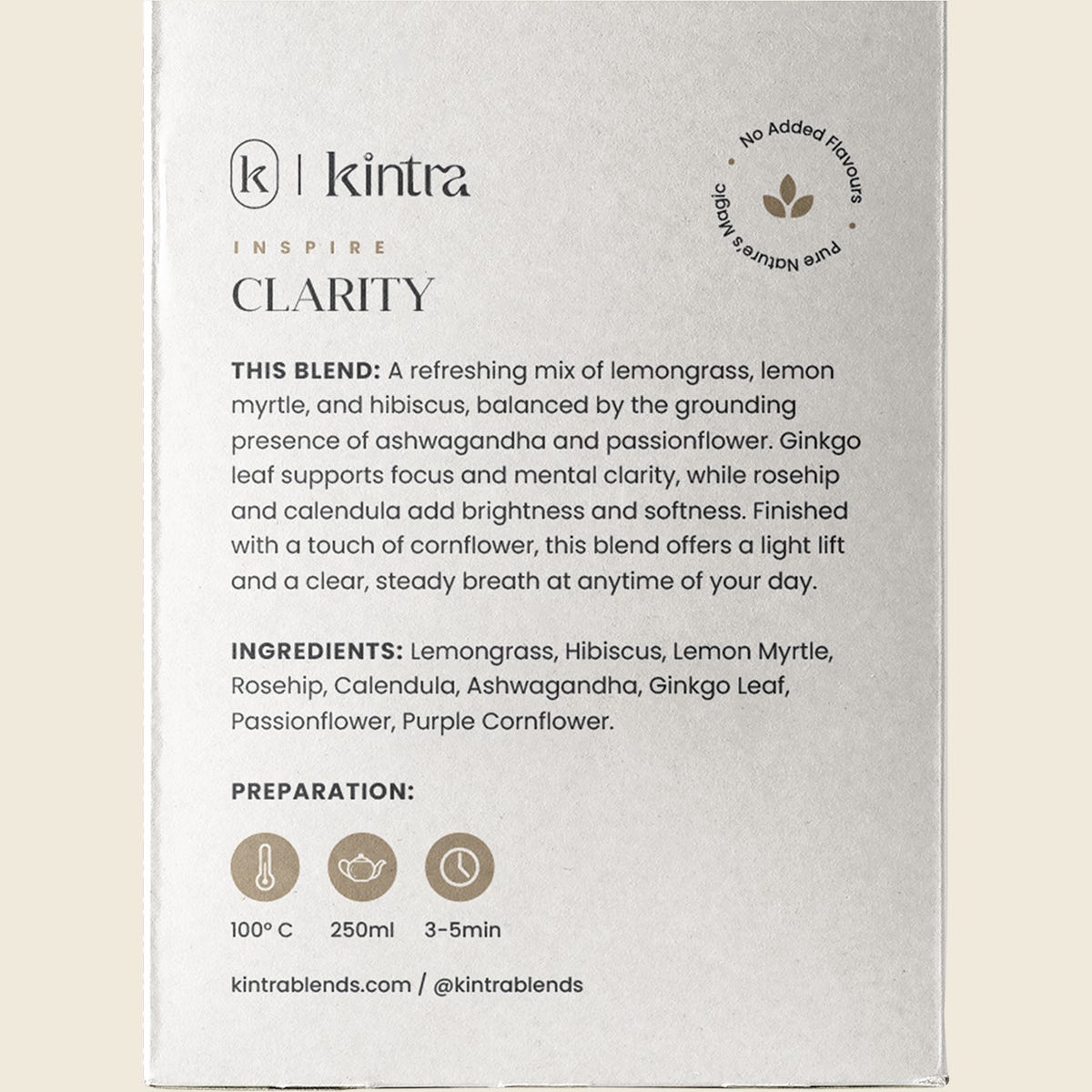 Back of Kintra Blends Clarity tea box showing ingredients and brewing instructions on a purple and white label.