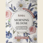Box of 25 Kintra Blends Morning Bloom herbal tea bags featuring a floral design and caffeine-free botanical ingredients.