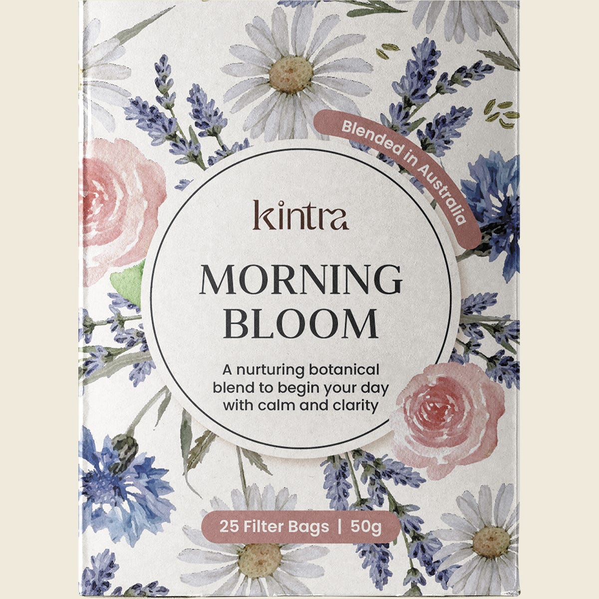 Box of 25 Kintra Blends Morning Bloom herbal tea bags featuring a floral design and caffeine-free botanical ingredients.