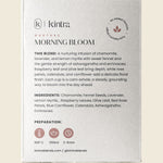 Back of Kintra Blends Morning Bloom tea box showing ingredients, brewing instructions, and organic certification.