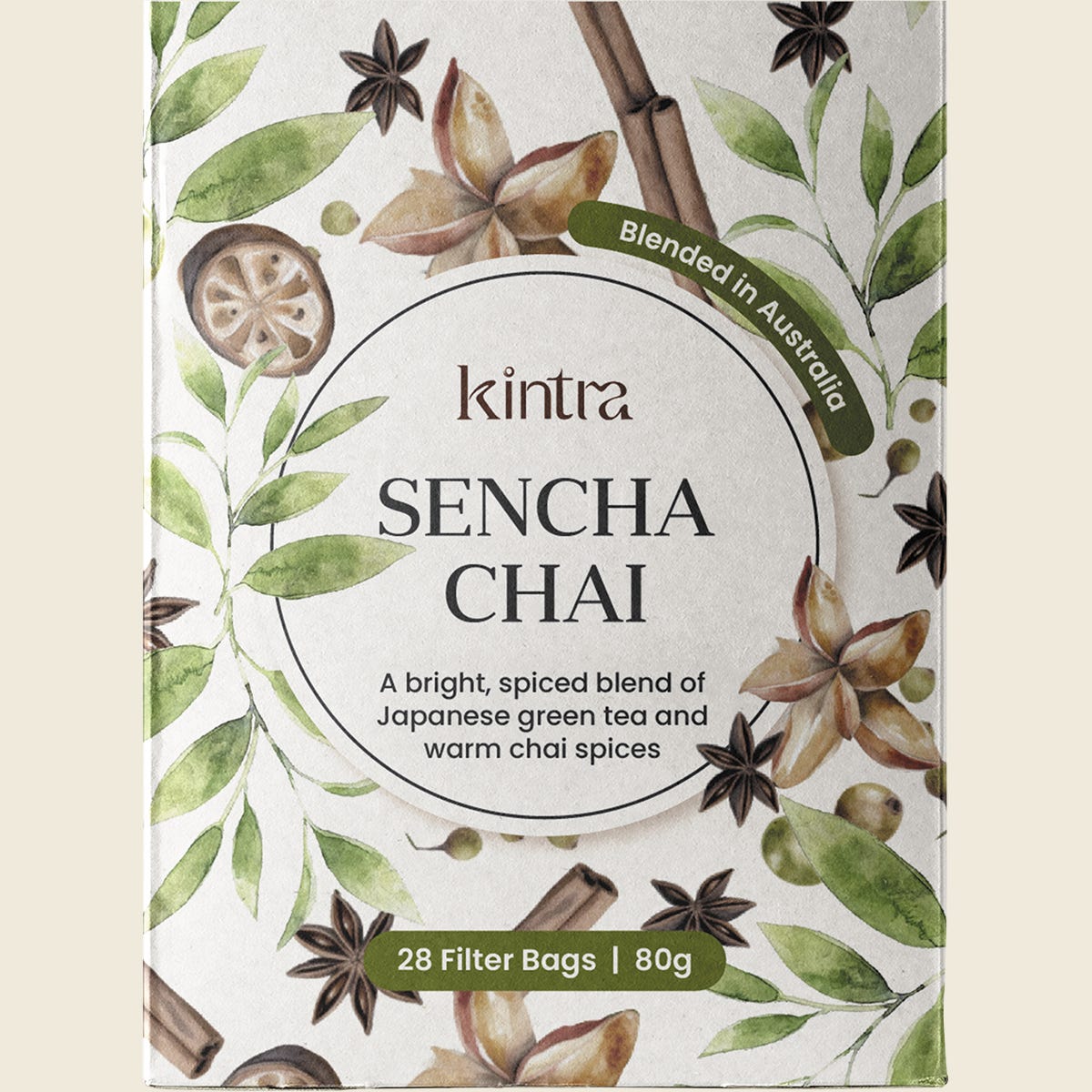 Box of Kintra Blends Sencha Chai Herbal Tea Bags, 28 pack, featuring green tea and spices on a white background.