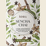 Box of Kintra Blends Sencha Chai Herbal Tea Bags, 28 pack, featuring green tea and spices on a white background.