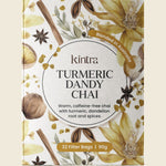 Kintra Blends Turmeric Dandy Chai 32-pack box featuring roasted dandelion root, turmeric, and chai spices.