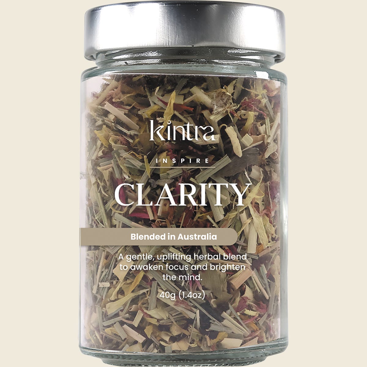 40g pack of Kintra Blends Clarity loose leaf tea with lemongrass, ashwagandha, and ginkgo leaf.