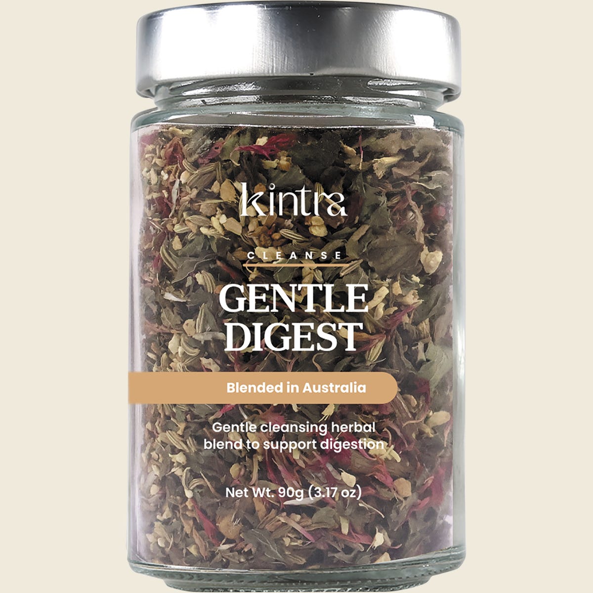 90g canister of Kintra Blends Gentle Digest Loose Leaf Tea with botanical illustrations on a white background.