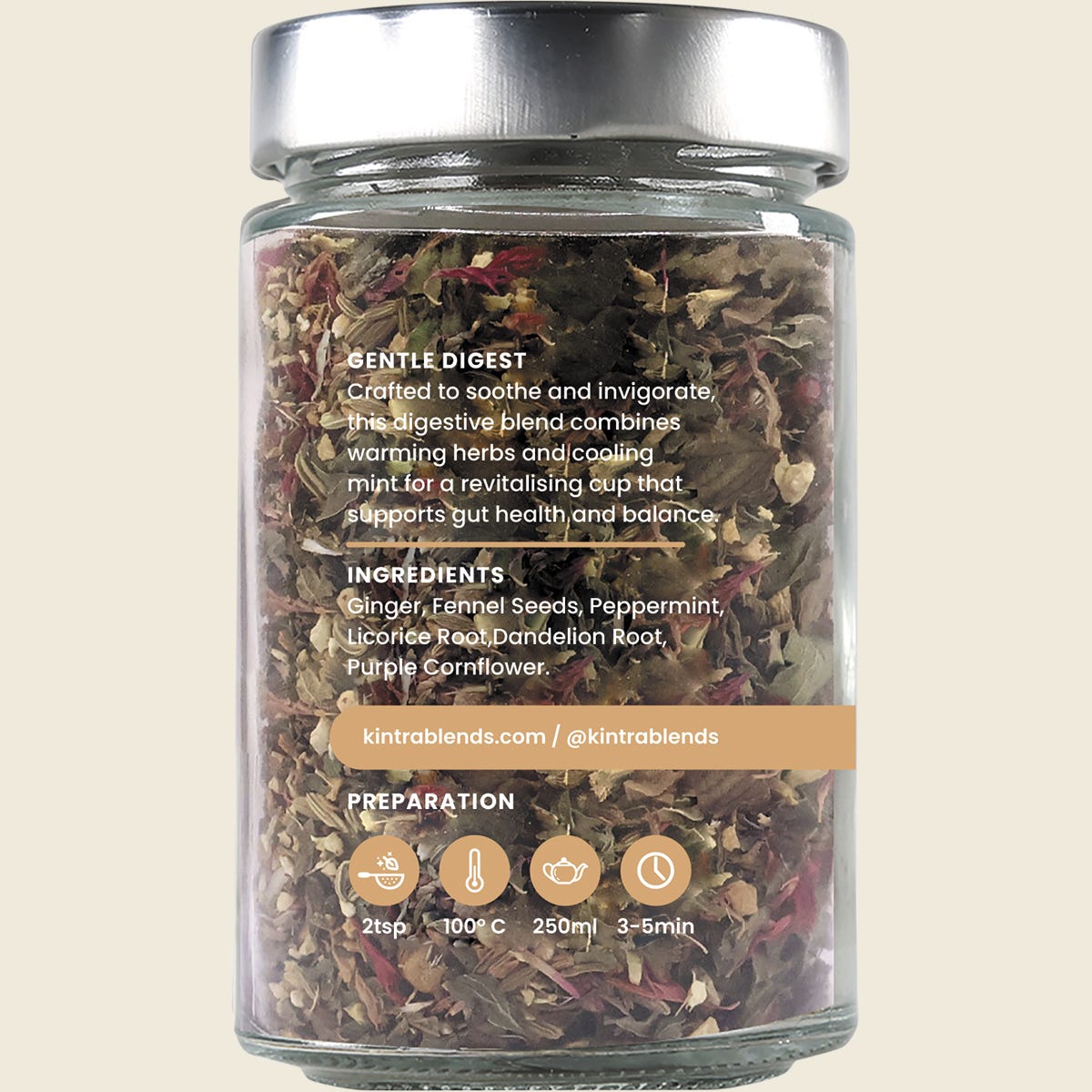 Back of Kintra Blends Gentle Digest tea canister showing ingredients and nutritional information on a white background.