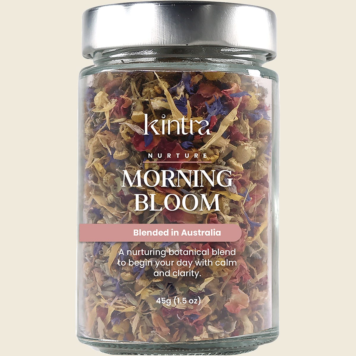 Kintra Blends Morning Bloom 45g loose leaf tea in a clear jar with a white and floral label.