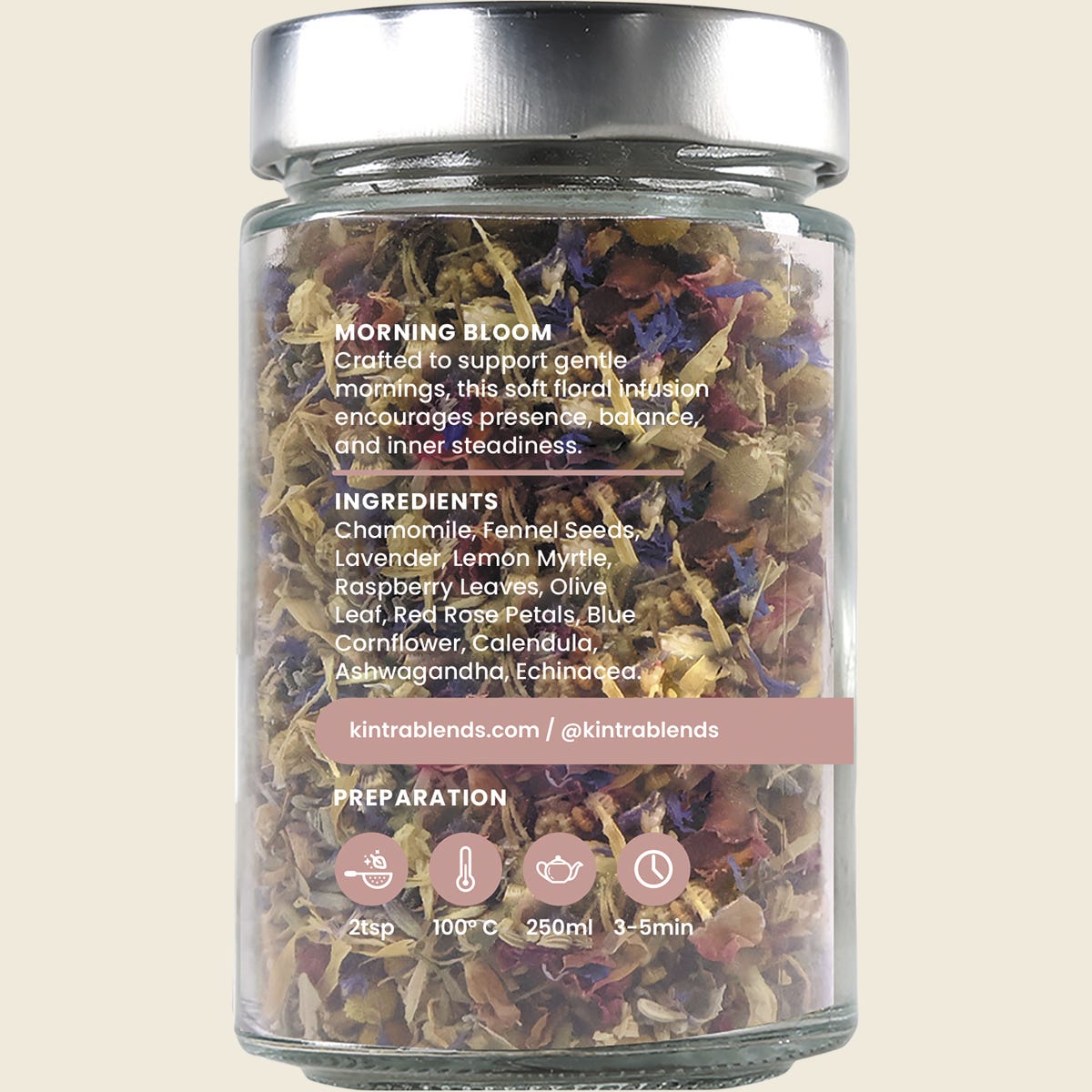 Back of a Kintra Blends Morning Bloom tea jar showing ingredients, brewing instructions, and a white floral label.