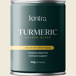 100g canister of Kintra Foods Turmeric Golden Blend with illustrations of turmeric, cinnamon, and ginger.