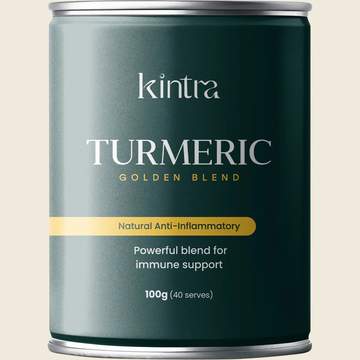 100g canister of Kintra Foods Turmeric Golden Blend with illustrations of turmeric, cinnamon, and ginger.