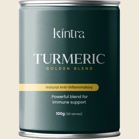 100g canister of Kintra Foods Turmeric Golden Blend with illustrations of turmeric, cinnamon, and ginger.