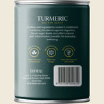 Side view of a Kintra Foods Turmeric Golden Blend 100g canister showing product benefits and a golden latte image.