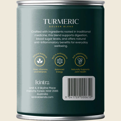 Side view of a Kintra Foods Turmeric Golden Blend 100g canister showing product benefits and a golden latte image.