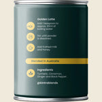 Right side of a Kintra Foods Turmeric Golden Blend 100g canister showing ingredients and nutritional information.