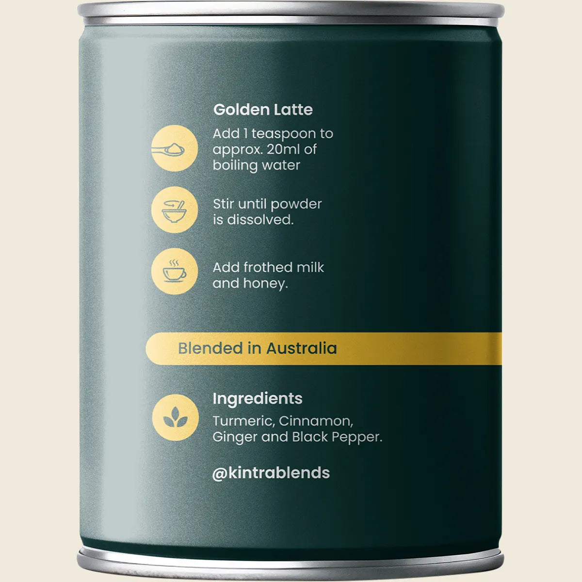 Right side of a Kintra Foods Turmeric Golden Blend 100g canister showing ingredients and nutritional information.