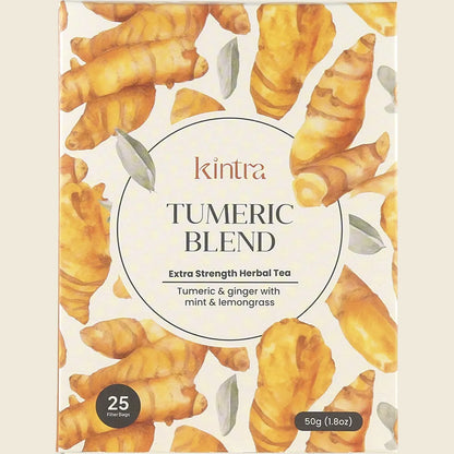 Box of 25 Kintra Blends Turmeric Blend tea bags with ginger, lemongrass, mint, and black pepper.