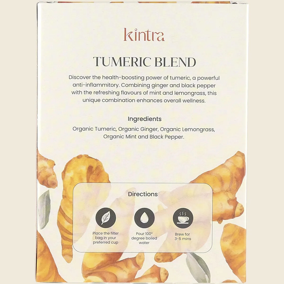 Back of Kintra Blends Turmeric Blend tea box showing ingredients, brewing instructions, and nutritional information.