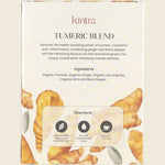 Back of Kintra Blends Turmeric Blend tea box showing ingredients, brewing instructions, and nutritional information.