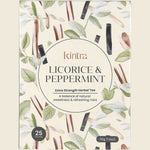 Box of 25 Kintra Blends Licorice and Peppermint herbal tea bags with ingredients list and a purple botanical design.
