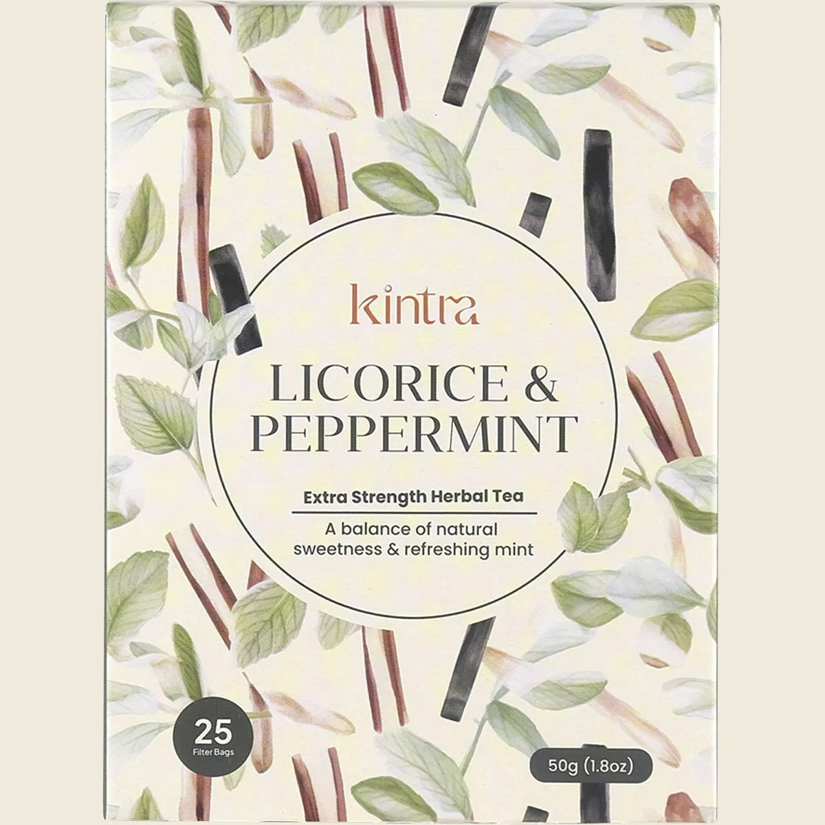 Box of 25 Kintra Blends Licorice and Peppermint herbal tea bags with ingredients list and a purple botanical design.
