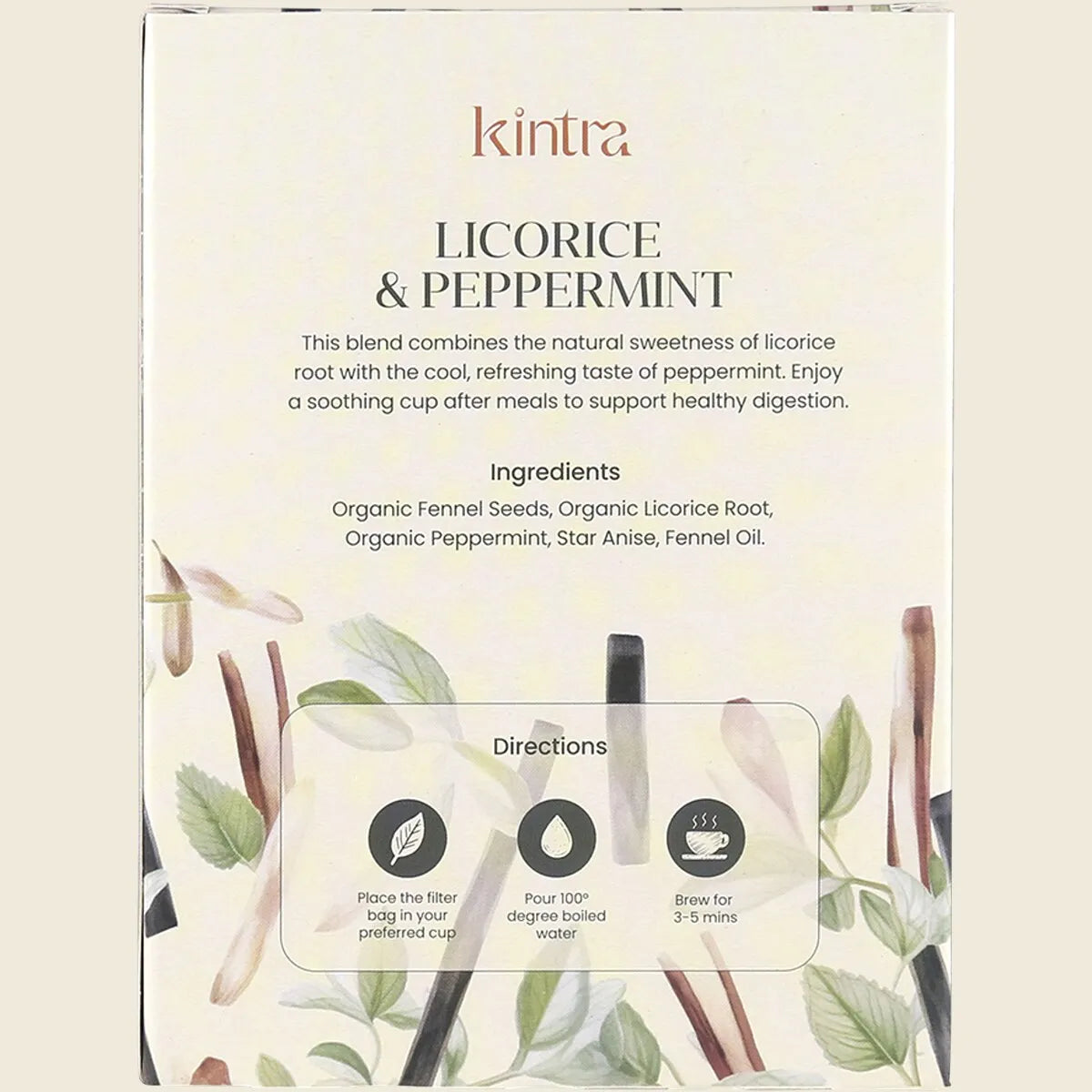 Back of Kintra Blends Licorice and Peppermint tea box showing ingredients and benefits on a purple botanical background.