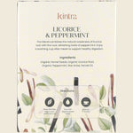 Back of Kintra Blends Licorice and Peppermint tea box showing ingredients and benefits on a purple botanical background.