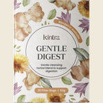 Kintra Blends Gentle Digest Herbal Tea box featuring 25 tea bags with ginger and peppermint on a white background.