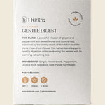 Back of Kintra Blends Gentle Digest tea box with ingredients, brewing instructions, and product benefits.