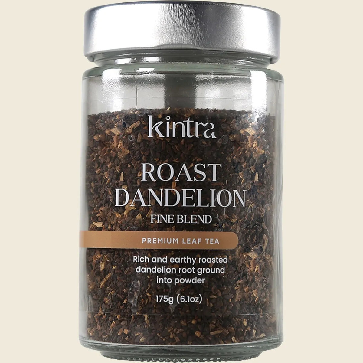 175g jar of Kintra Foods Roasted Dandelion Blend Fine, a caffeine-free coffee alternative with roasted chicory.