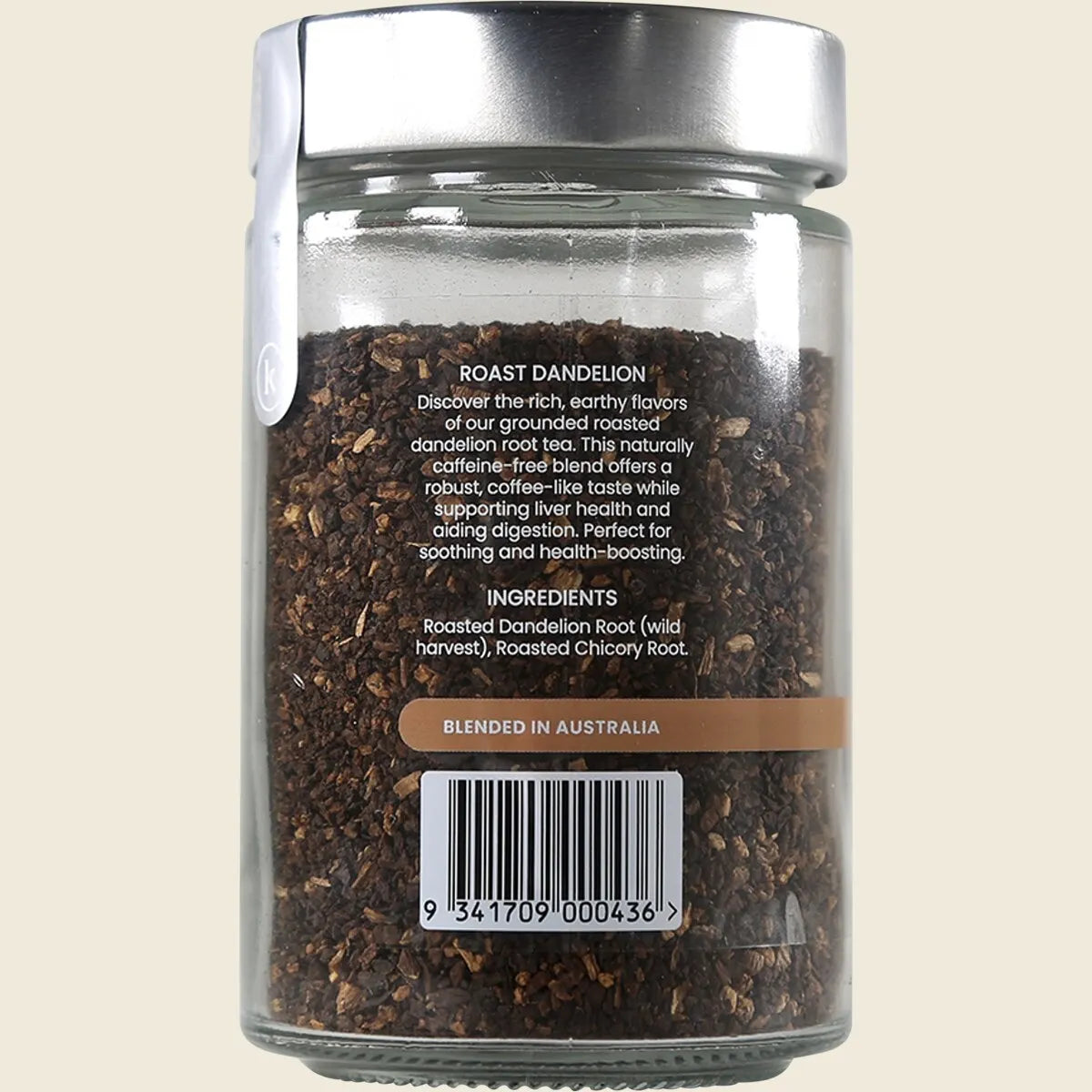 Back of Kintra Foods Roasted Dandelion Blend 175g jar showing nutritional information and ingredients list.