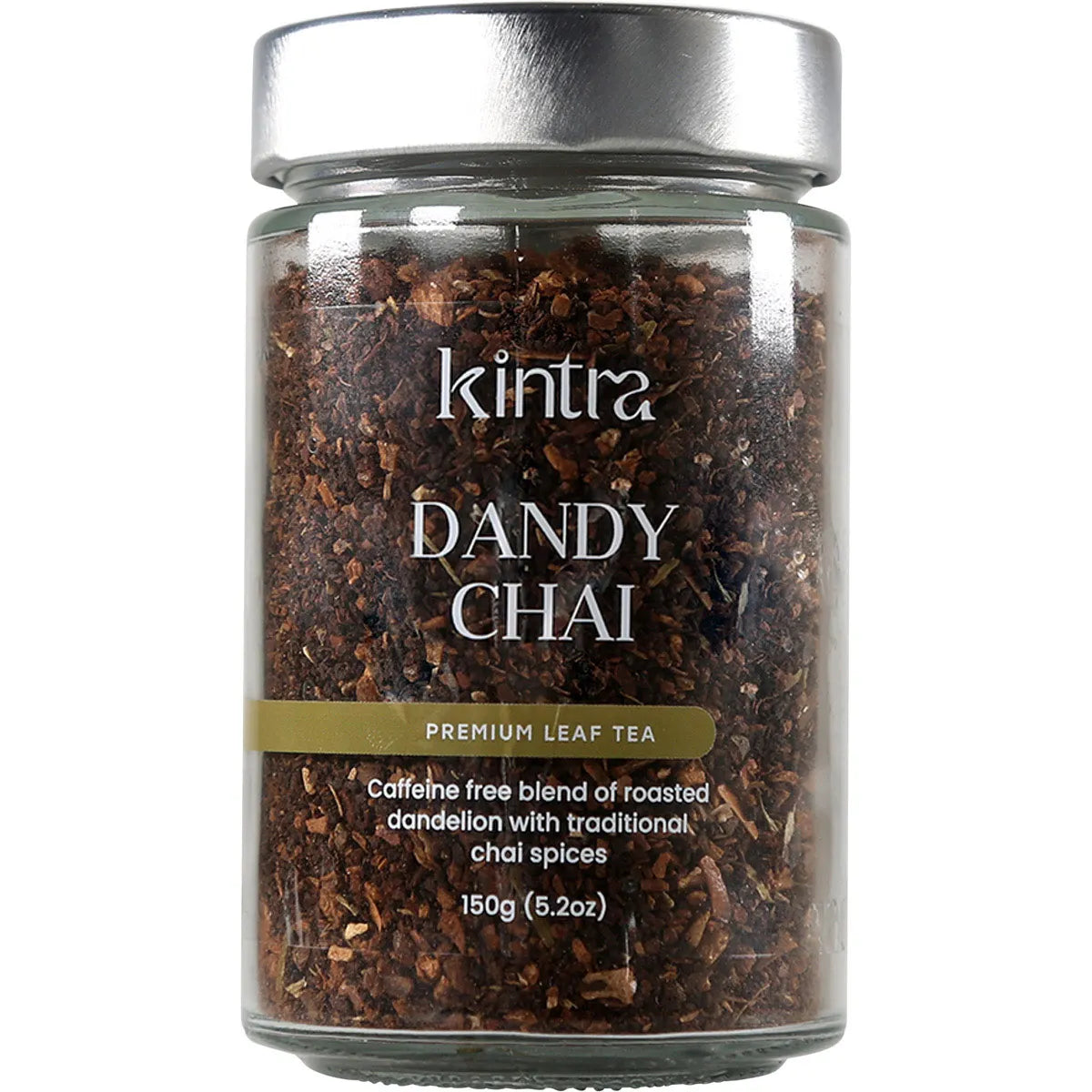 150g jar of Kintra Foods Dandy Chai Detox Blend Granular, a caffeine-free herbal beverage with roasted dandelion root.