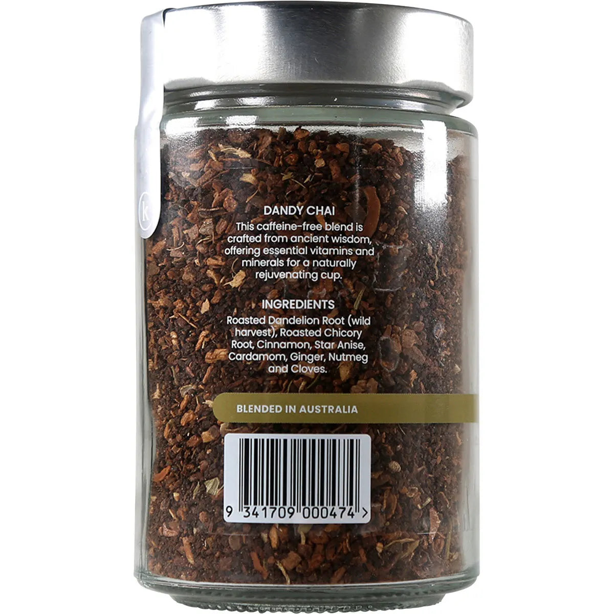 Back of a 150g Kintra Foods Dandy Chai Detox Blend jar showing ingredients and nutritional information.