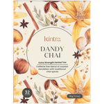Box of 32 Kintra Foods Dandy Chai Blend tea bags with roasted dandelion root and spices on a white background.