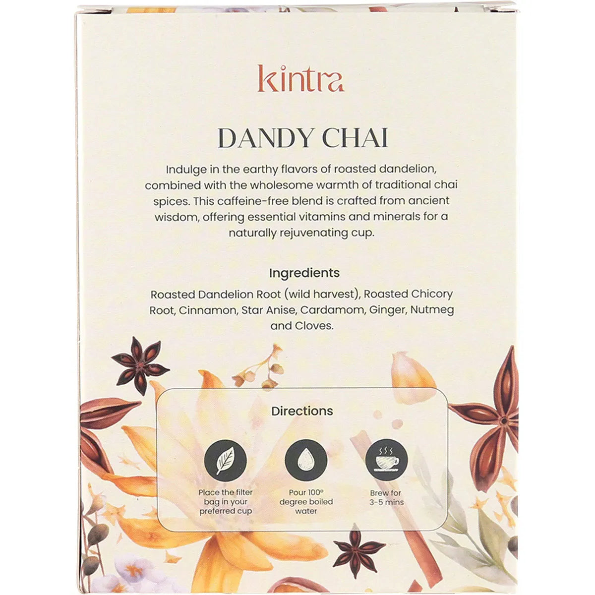 Back of Kintra Foods Dandy Chai Blend 32 pack box showing ingredients, brewing instructions, and product details.