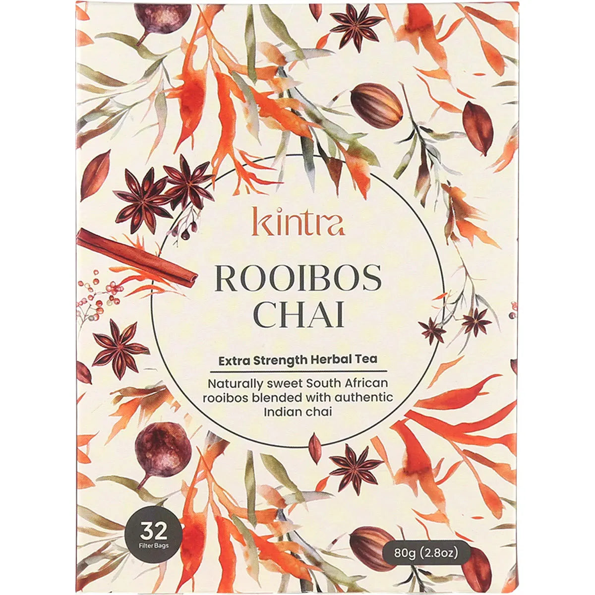 Box of 32 Kintra Foods Rooibos Chai tea bags featuring a red and orange design with botanical spice illustrations.