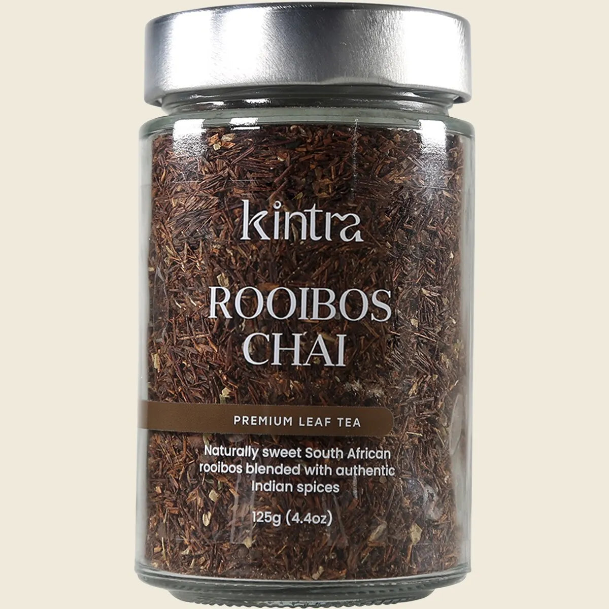 125g tub of Kintra Blends Rooibos Chai Granular tea featuring a red and brown label on a white background.