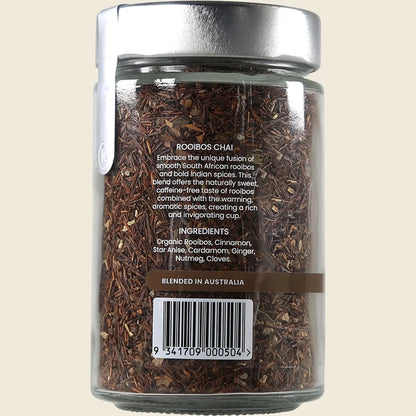 Back of a Kintra Blends Rooibos Chai 125g tub showing ingredients, nutritional information, and brewing instructions.
