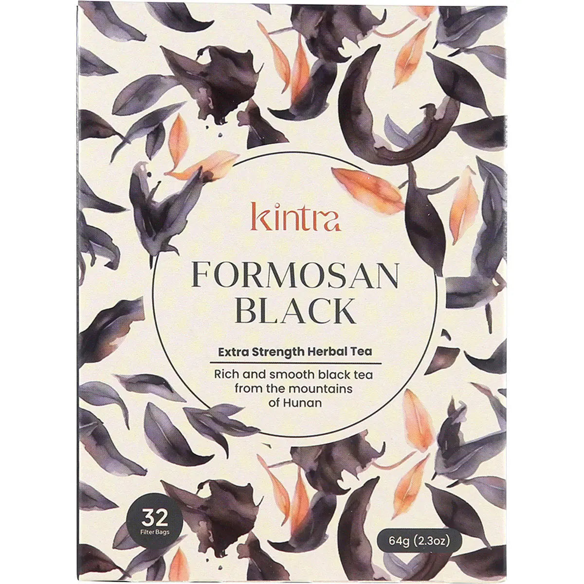 32 pack of Kintra Foods Formosan Black Tea bags in a black and gold box with a mountain illustration.
