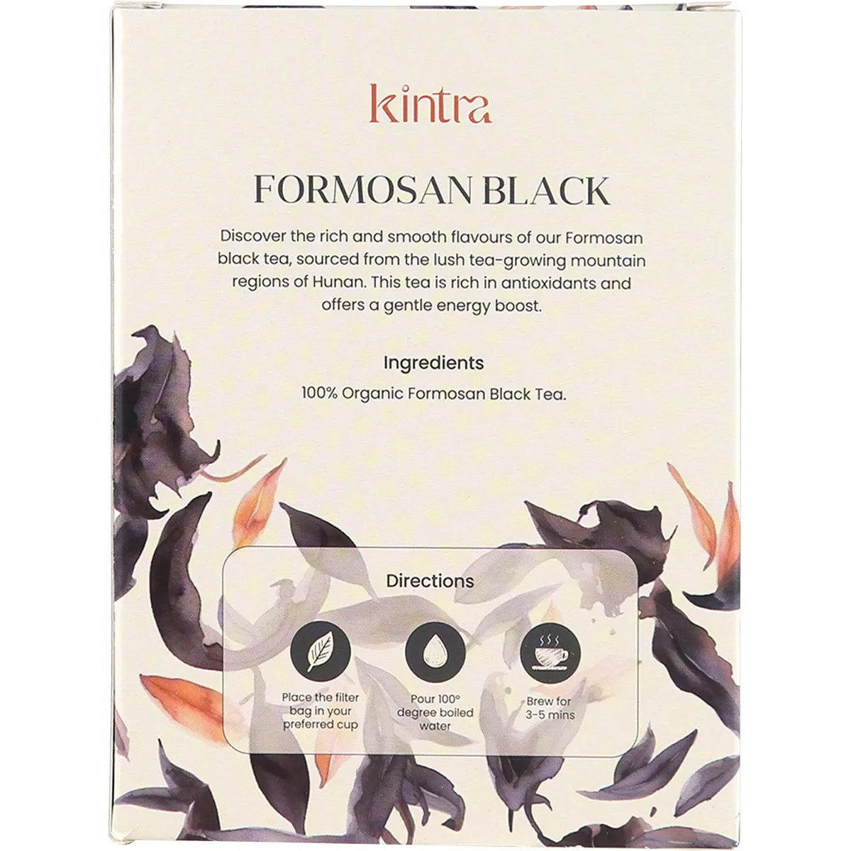 Back of Kintra Foods Formosan Black Tea box showing product description, benefits, and organic certification.