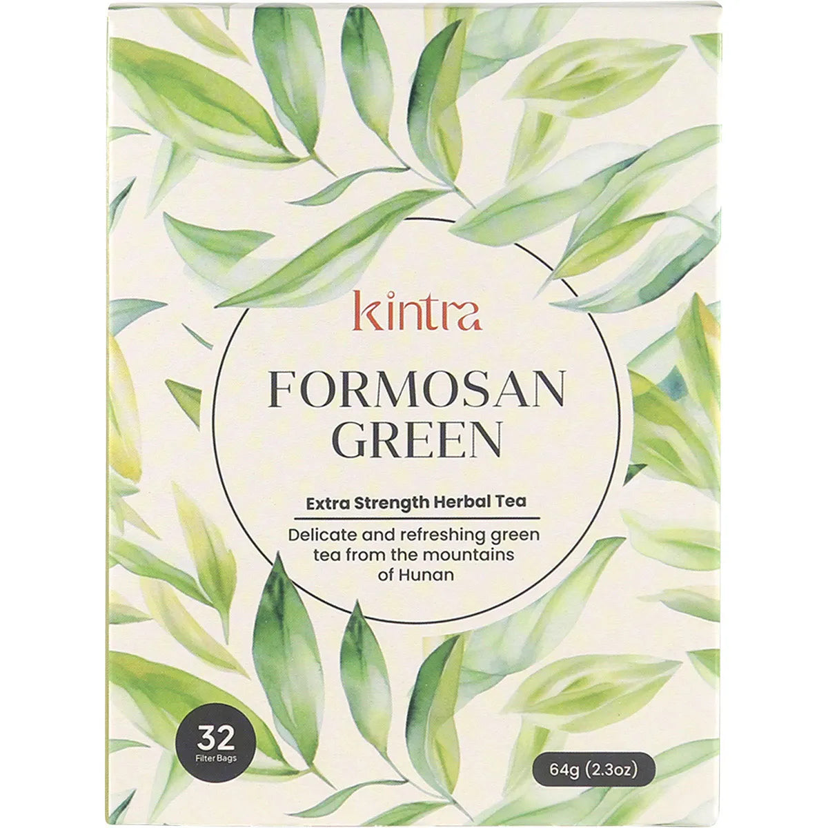 A box of Kintra Foods Formosan Green Tea bags featuring a green tea leaf illustration on a white background.