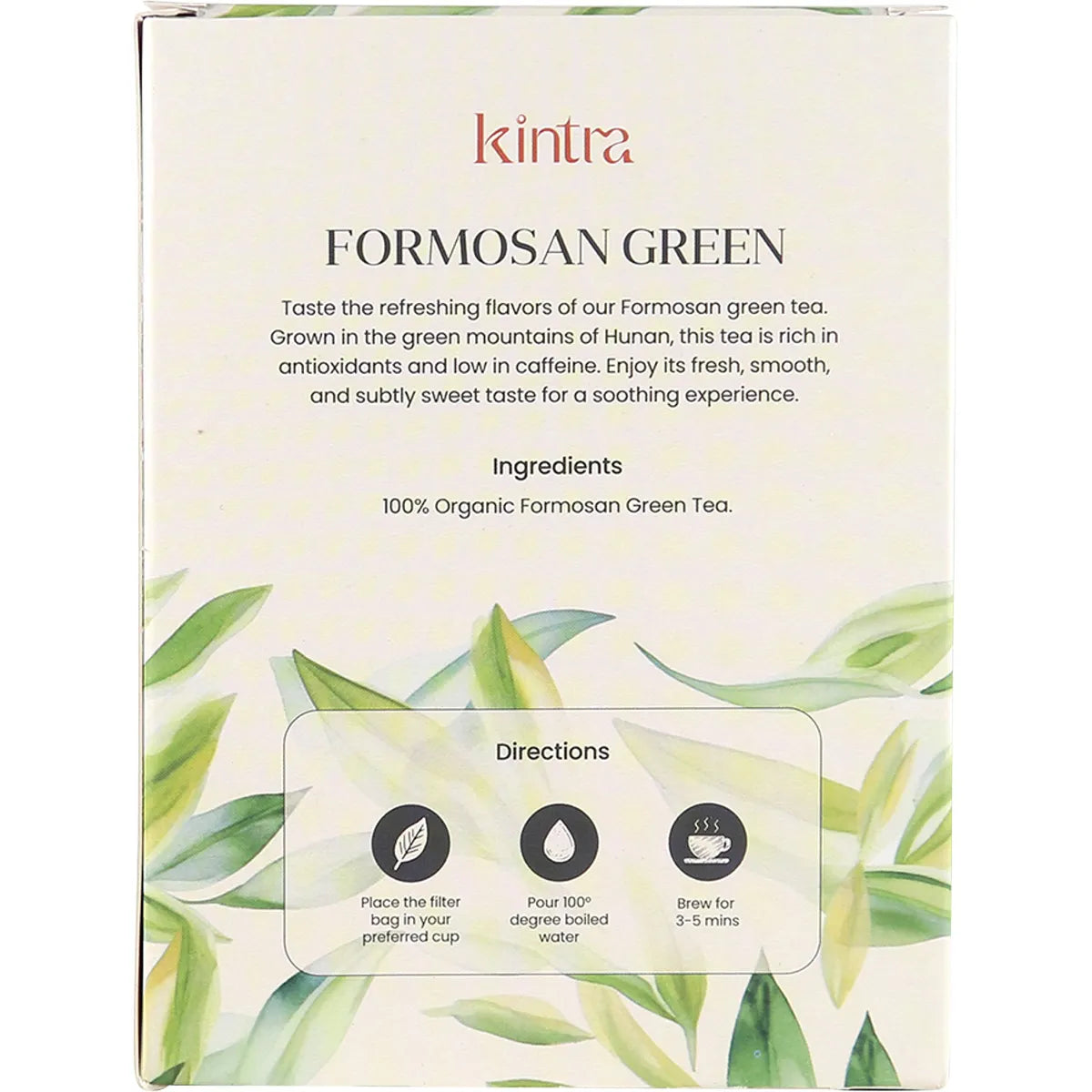 Back of Kintra Foods Formosan Green Tea 32 pack box showing ingredients, brewing instructions, and product description.