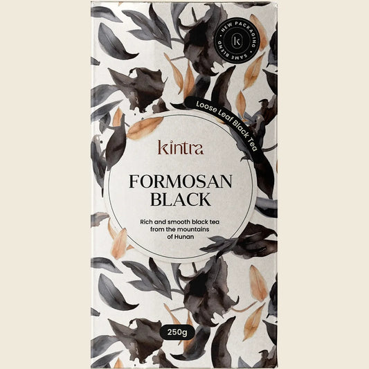 250g bag of Kintra Blends Formosan Black Tea Loose Leaf with a green and brown label on a white background.