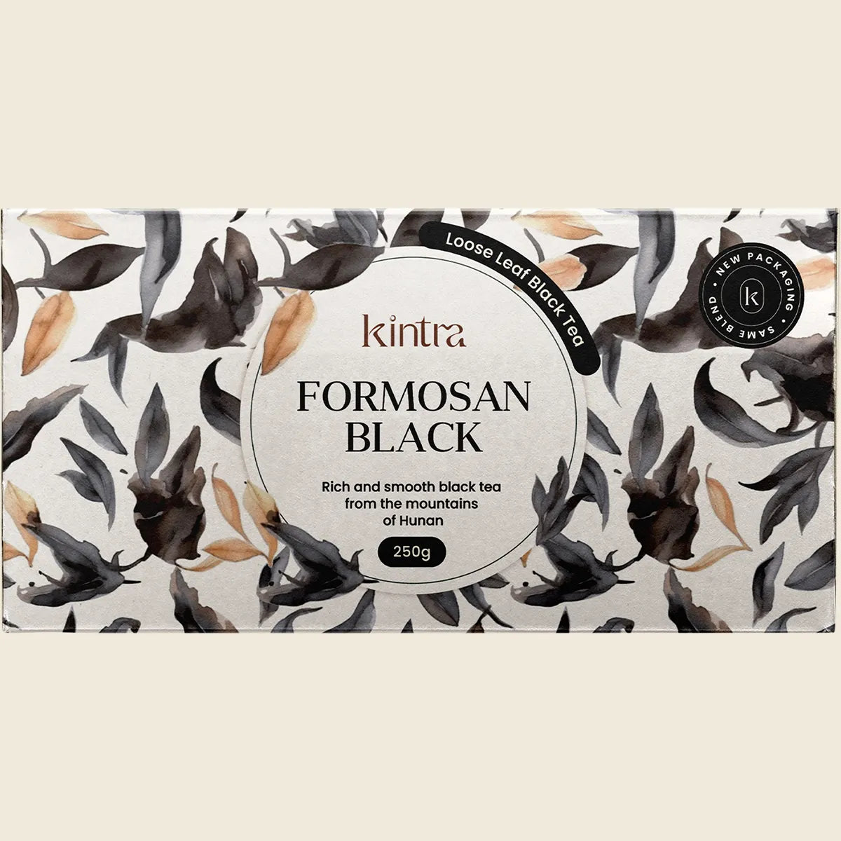 The back of a 250g Kintra Blends Formosan Black Tea bag with product details and brewing instructions.