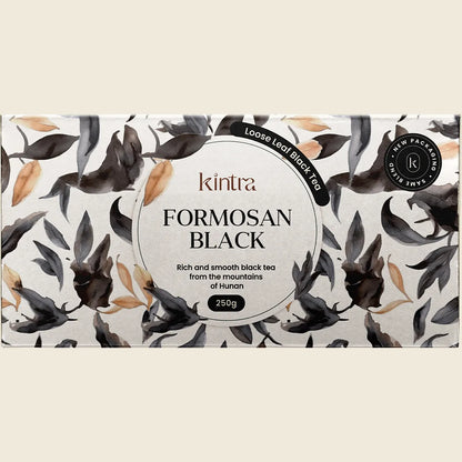 The back of a 250g Kintra Blends Formosan Black Tea bag with product details and brewing instructions.